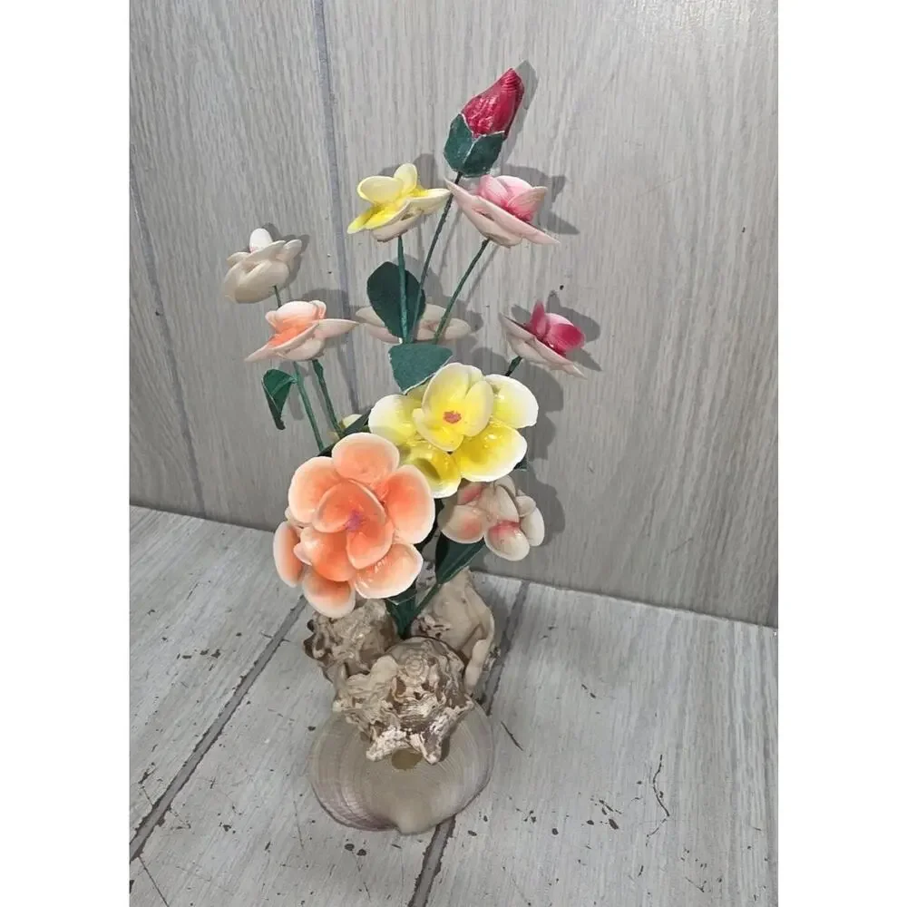 Vintage Handmade Seashell Flower Bouquet Arrangement Tropical Beachy